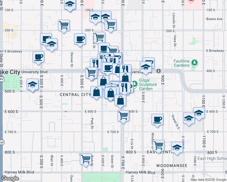 map of restaurants, bars, coffee shops, grocery stores, and more near 602 East 500 South in Salt Lake City