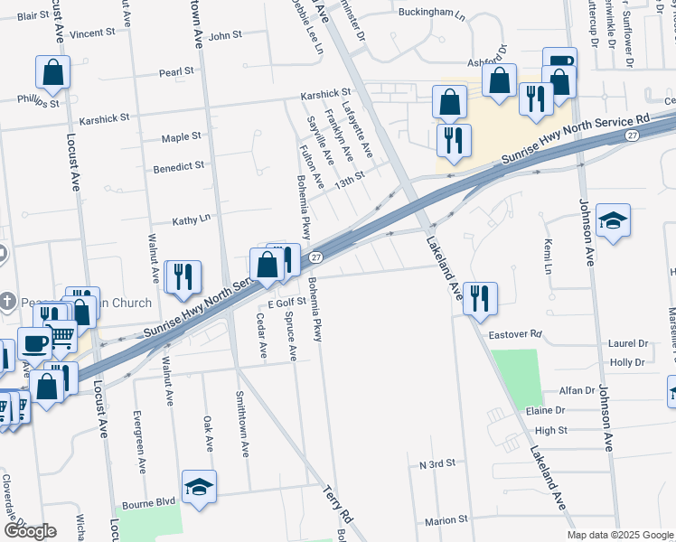 map of restaurants, bars, coffee shops, grocery stores, and more near 4910 Sunrise Highway in Sayville