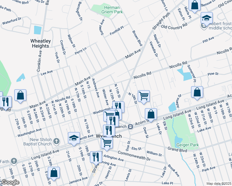 map of restaurants, bars, coffee shops, grocery stores, and more near 9 North 11th Street in Wheatley Heights