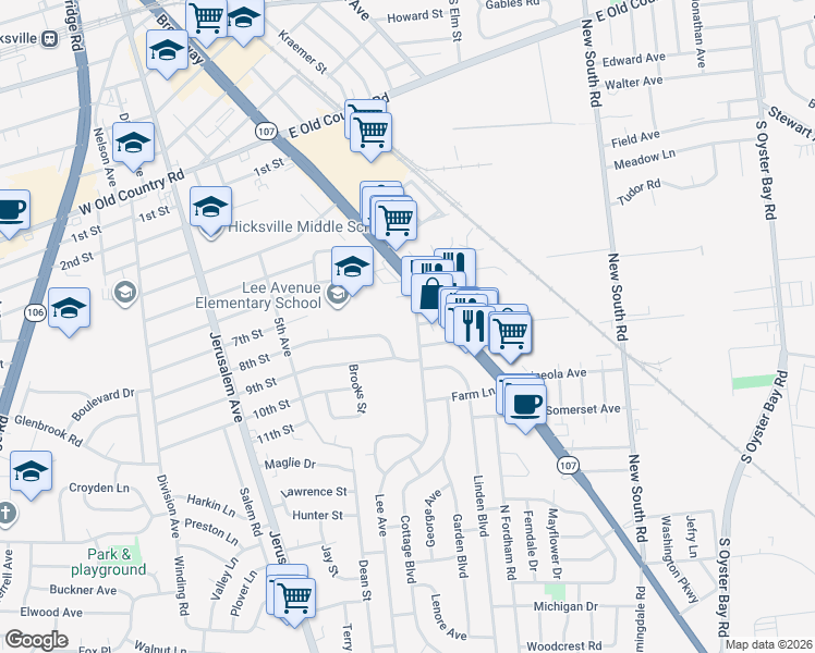 map of restaurants, bars, coffee shops, grocery stores, and more near 11 8th Street in Hicksville