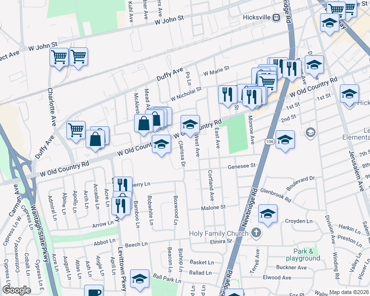 map of restaurants, bars, coffee shops, grocery stores, and more near 31 West Avenue in Hicksville