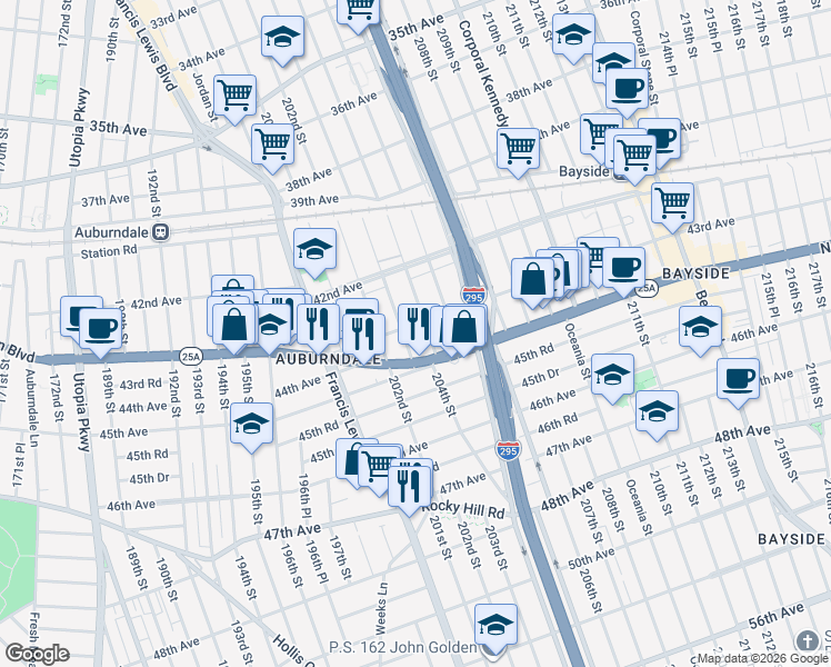 map of restaurants, bars, coffee shops, grocery stores, and more near in Queens