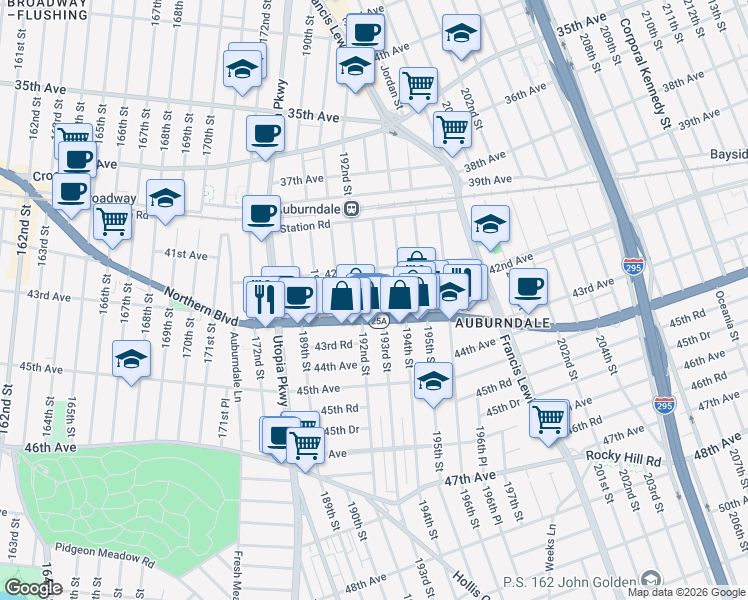 map of restaurants, bars, coffee shops, grocery stores, and more near 42-50 193rd Street in Queens