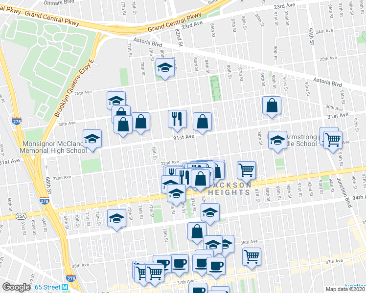 map of restaurants, bars, coffee shops, grocery stores, and more near 31-38 81st Street in Queens