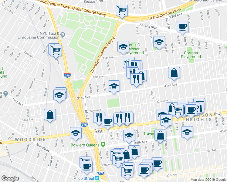 map of restaurants, bars, coffee shops, grocery stores, and more near 73-02 31st Avenue in Queens