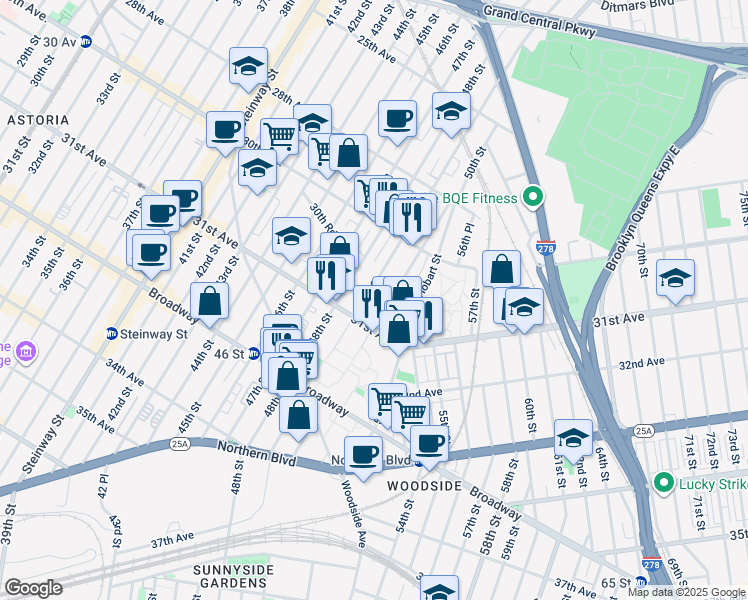map of restaurants, bars, coffee shops, grocery stores, and more near 49-05 31st Avenue in Queens