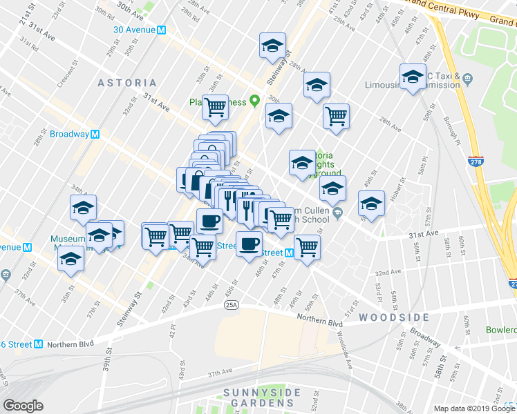 map of restaurants, bars, coffee shops, grocery stores, and more near in Queens