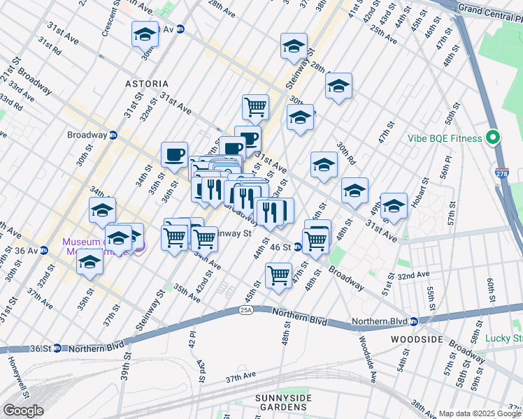 map of restaurants, bars, coffee shops, grocery stores, and more near 42-14 Broadway in Queens