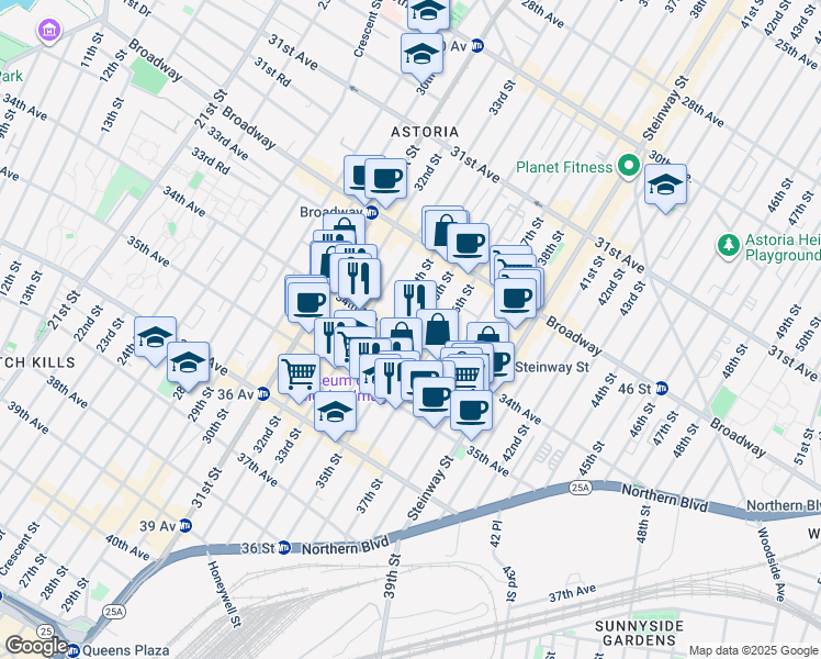 map of restaurants, bars, coffee shops, grocery stores, and more near 32-85 35th Street in Queens