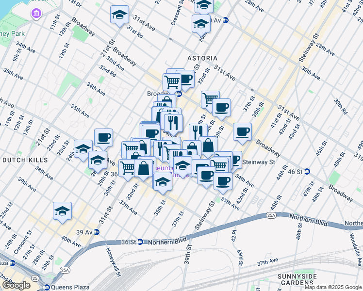 map of restaurants, bars, coffee shops, grocery stores, and more near 34-29 33rd Street in Queens