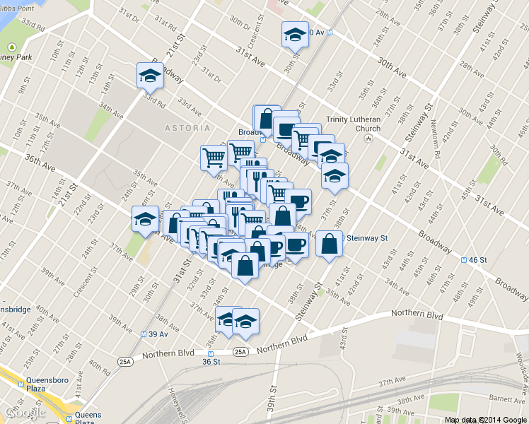 map of restaurants, bars, coffee shops, grocery stores, and more near 34-29 33rd Street in Queens