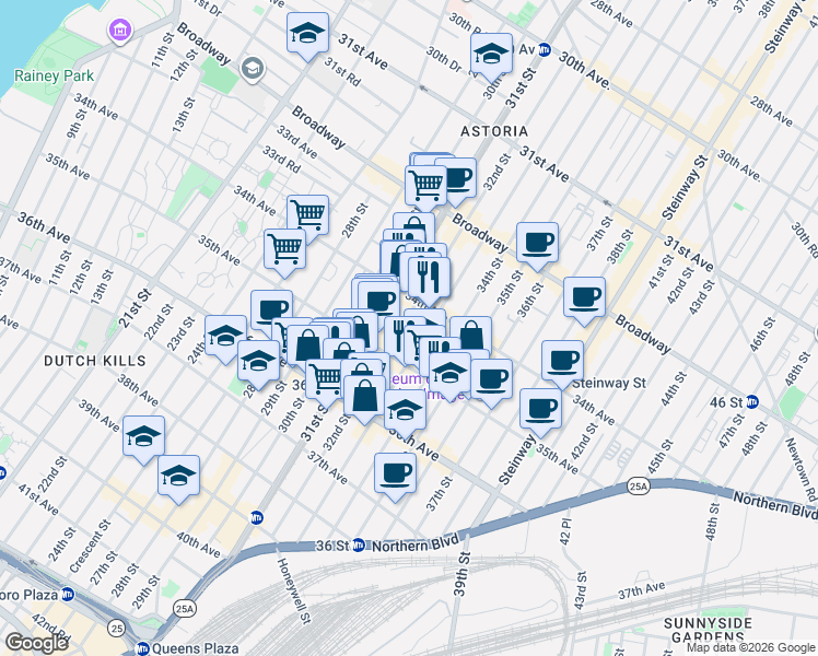 map of restaurants, bars, coffee shops, grocery stores, and more near 34-56 33rd Street in Queens