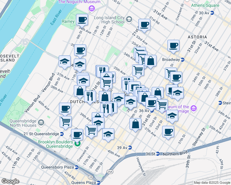 map of restaurants, bars, coffee shops, grocery stores, and more near 32 24th Street in Queens