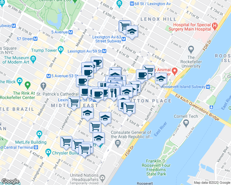 map of restaurants, bars, coffee shops, grocery stores, and more near in New York