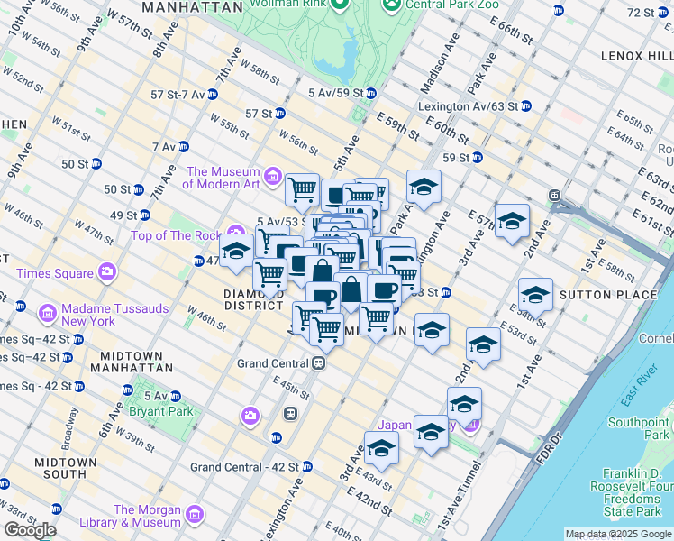 map of restaurants, bars, coffee shops, grocery stores, and more near 320 Park Avenue in New York