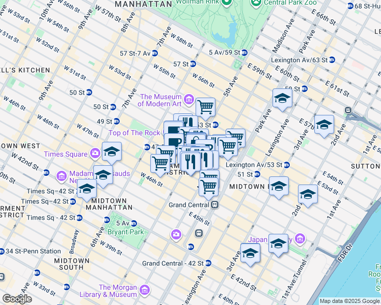 map of restaurants, bars, coffee shops, grocery stores, and more near 610 5th Avenue in New York