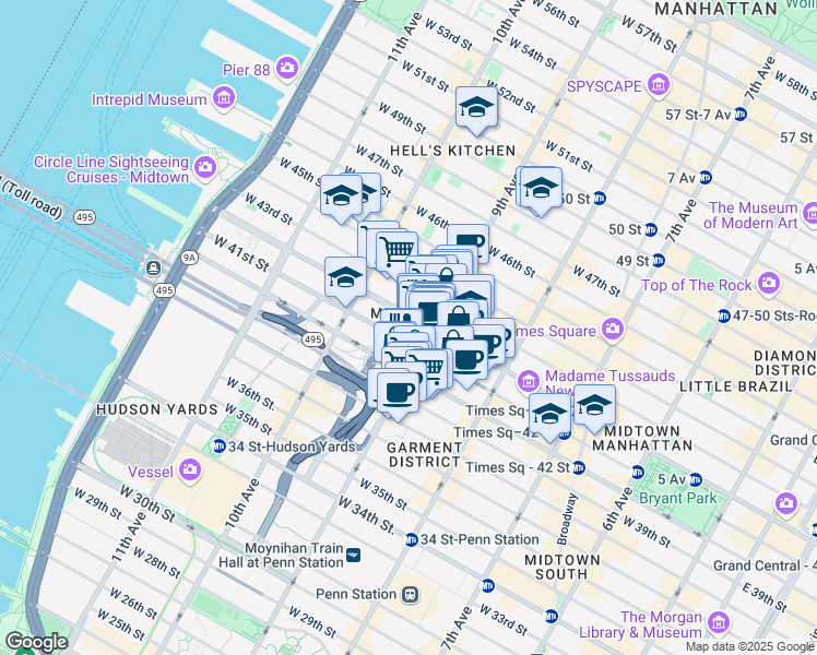 map of restaurants, bars, coffee shops, grocery stores, and more near 403 West 41st Street in New York