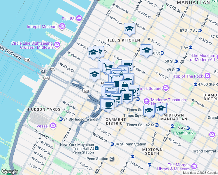map of restaurants, bars, coffee shops, grocery stores, and more near 403 West 41st Street in New York