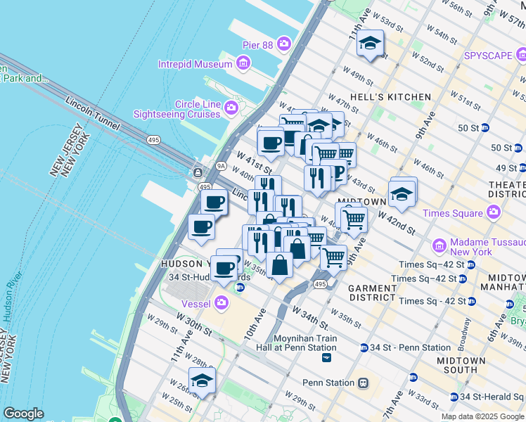 map of restaurants, bars, coffee shops, grocery stores, and more near 555 West 38th Street in New York