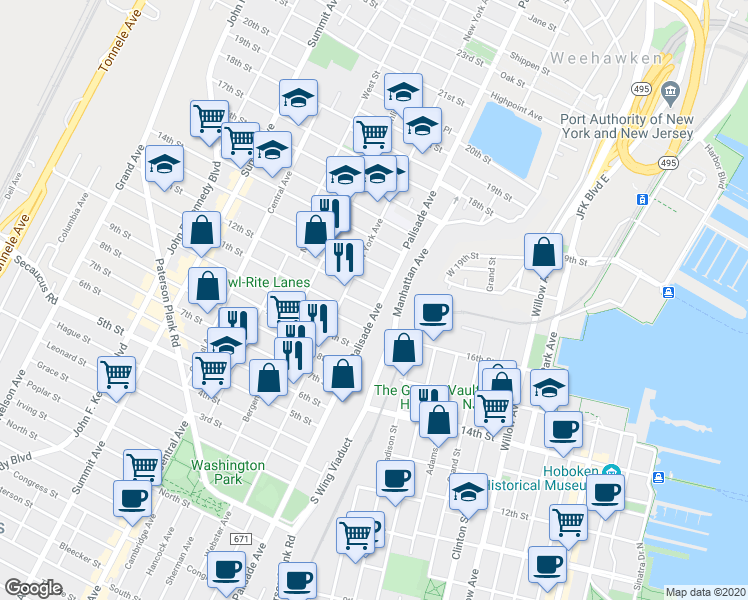 map of restaurants, bars, coffee shops, grocery stores, and more near 1009 Palisade Avenue in Union City