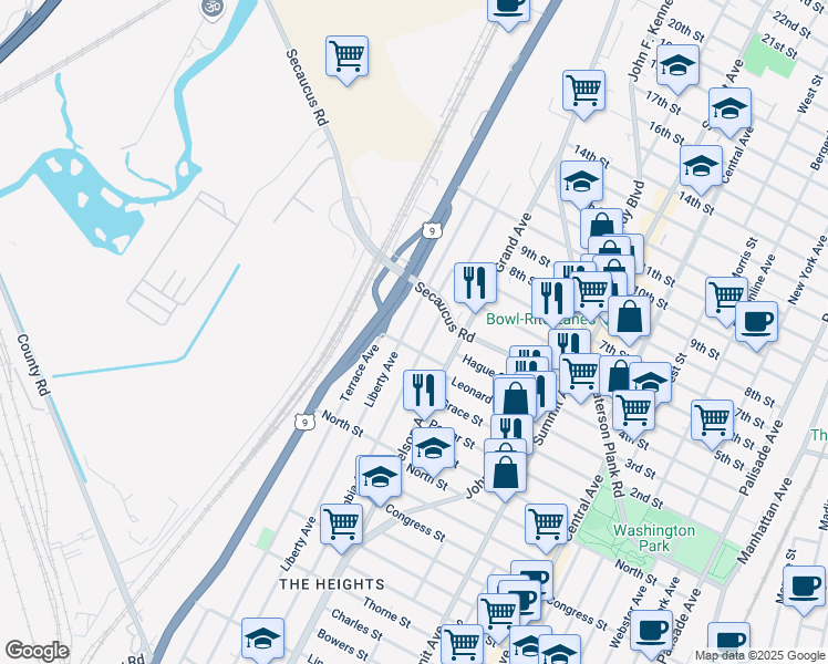 map of restaurants, bars, coffee shops, grocery stores, and more near 299 Columbia Avenue in Jersey City