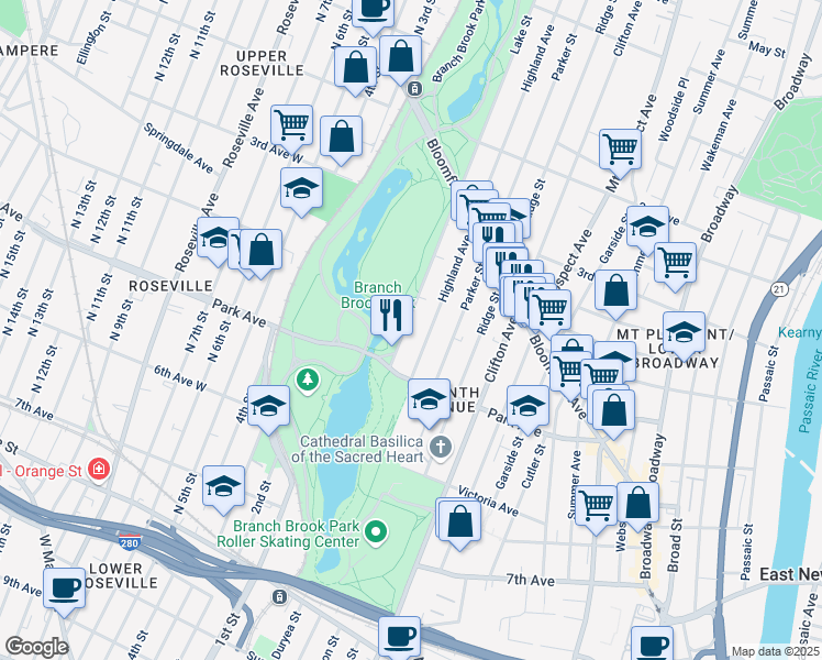 map of restaurants, bars, coffee shops, grocery stores, and more near 28 Highland Avenue in Newark