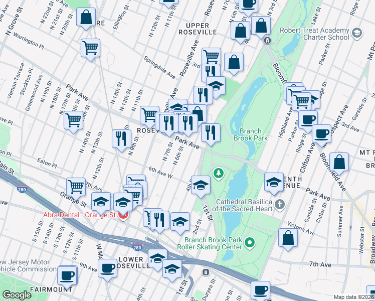 map of restaurants, bars, coffee shops, grocery stores, and more near 281 North 6th Street in Newark