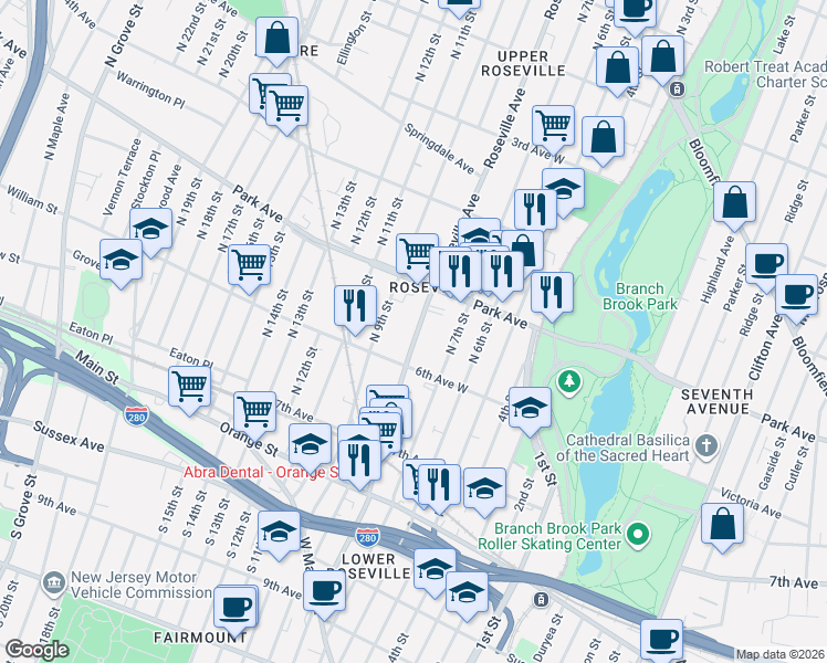 map of restaurants, bars, coffee shops, grocery stores, and more near 215 Roseville Avenue in Newark