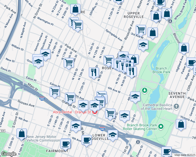 map of restaurants, bars, coffee shops, grocery stores, and more near 69 North 9th Street in Newark
