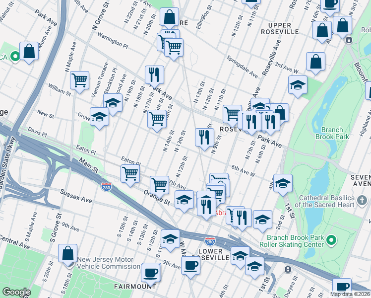 map of restaurants, bars, coffee shops, grocery stores, and more near 73 North 13th Street in Newark