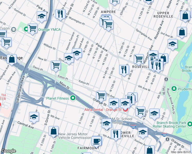 map of restaurants, bars, coffee shops, grocery stores, and more near 14 North 16th Street in East Orange