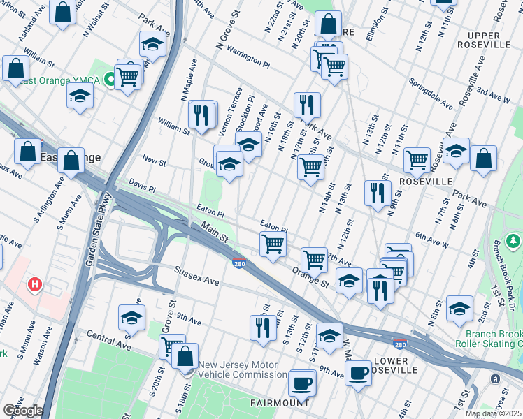 map of restaurants, bars, coffee shops, grocery stores, and more near 64 Eaton Place in East Orange