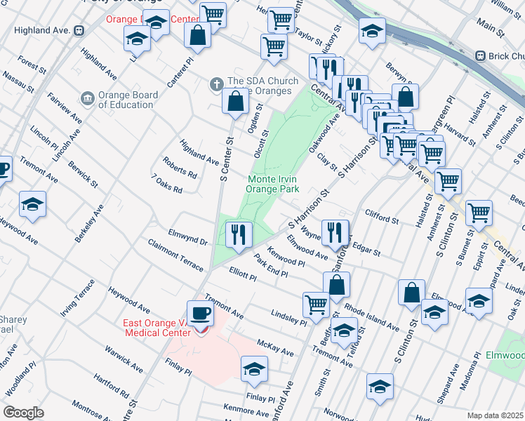 map of restaurants, bars, coffee shops, grocery stores, and more near 377 South Harrison Street in East Orange