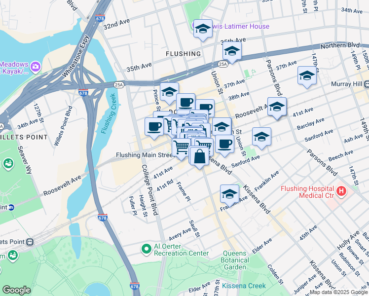 map of restaurants, bars, coffee shops, grocery stores, and more near 135-24 40th Road in Queens