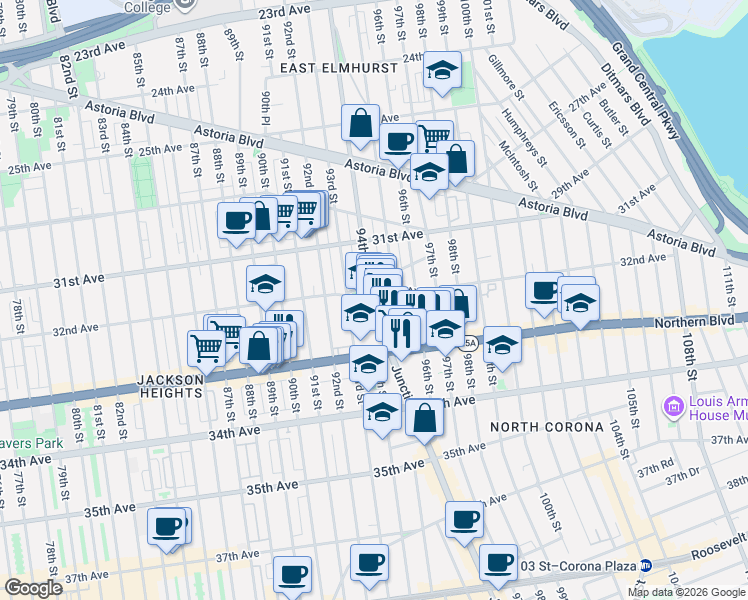 map of restaurants, bars, coffee shops, grocery stores, and more near 32-01 Junction Boulevard in Queens