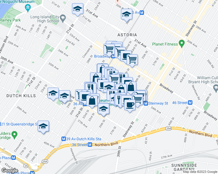 map of restaurants, bars, coffee shops, grocery stores, and more near 34-29 33rd Street in Queens