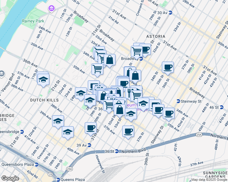 map of restaurants, bars, coffee shops, grocery stores, and more near 35th Avenue in Queens