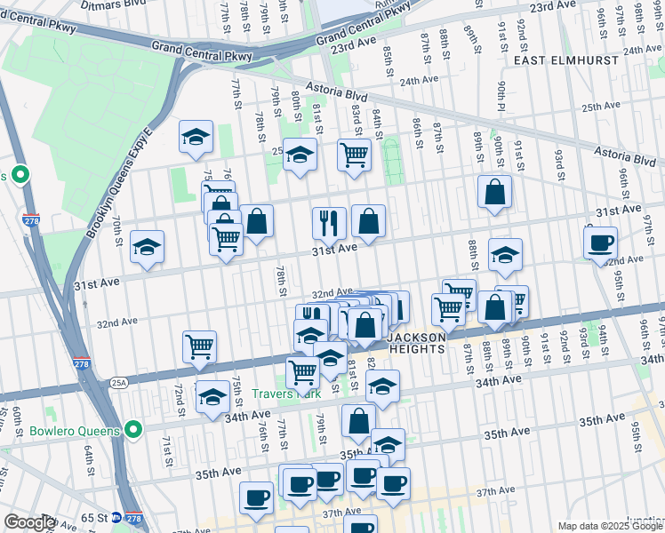 map of restaurants, bars, coffee shops, grocery stores, and more near 31-18 81st Street in Queens