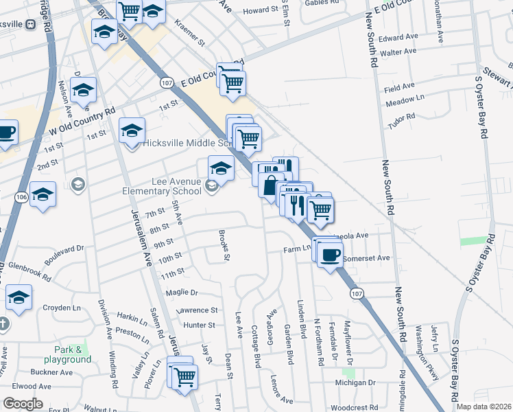 map of restaurants, bars, coffee shops, grocery stores, and more near 11 8th Street in Hicksville