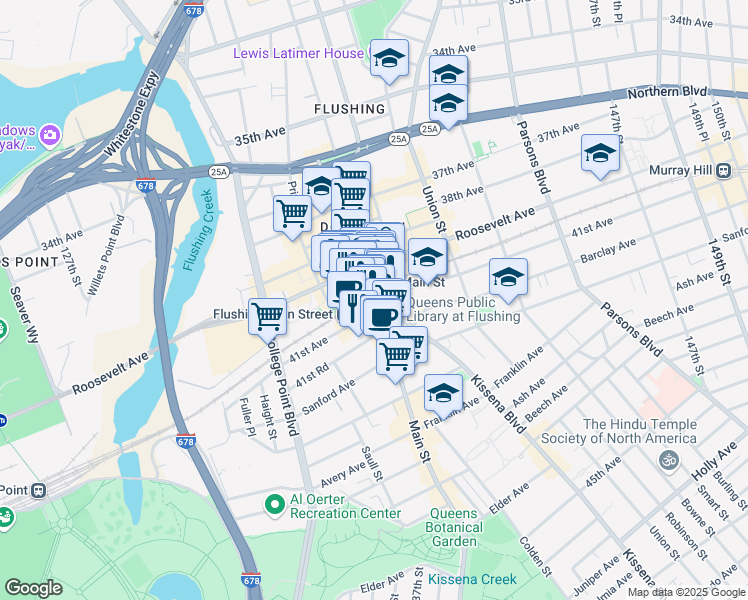 map of restaurants, bars, coffee shops, grocery stores, and more near 13680 41st Avenue in Queens