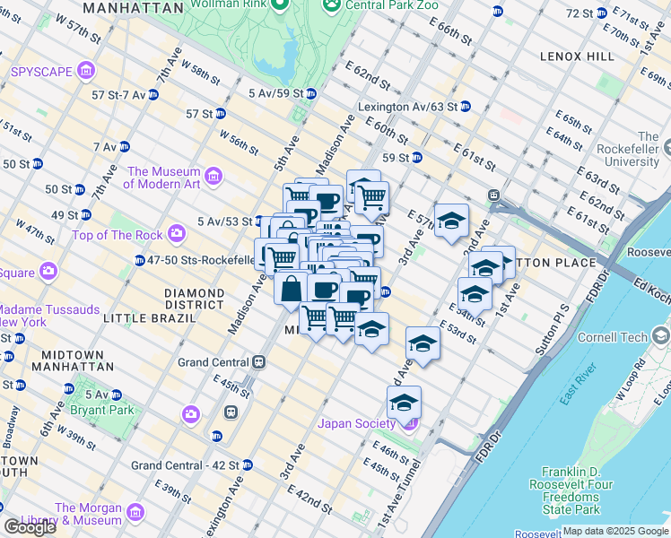 map of restaurants, bars, coffee shops, grocery stores, and more near 375 Park Avenue in New York