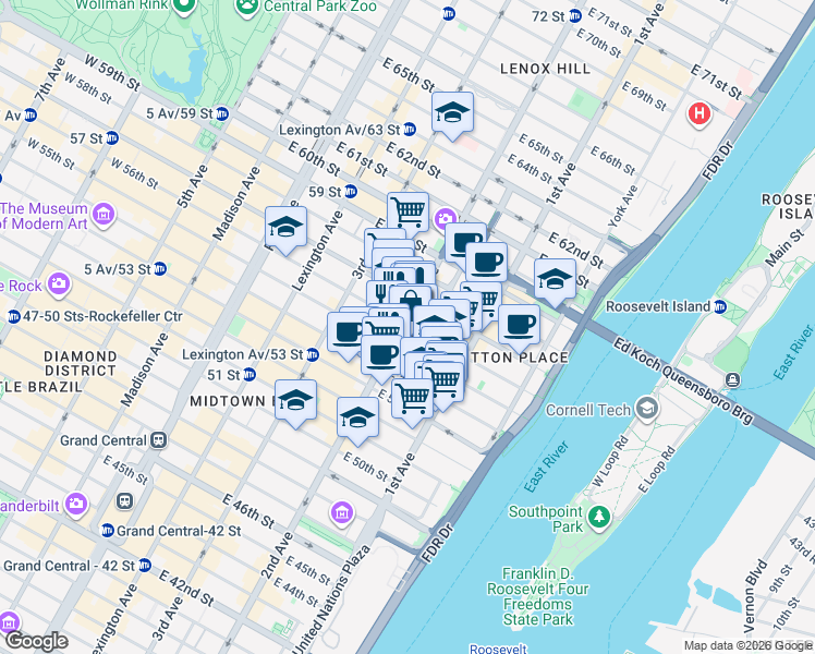 map of restaurants, bars, coffee shops, grocery stores, and more near 305 East 55th Street in New York
