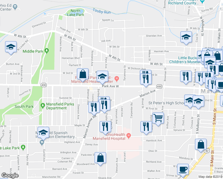 map of restaurants, bars, coffee shops, grocery stores, and more near 415 Park Avenue West in Mansfield
