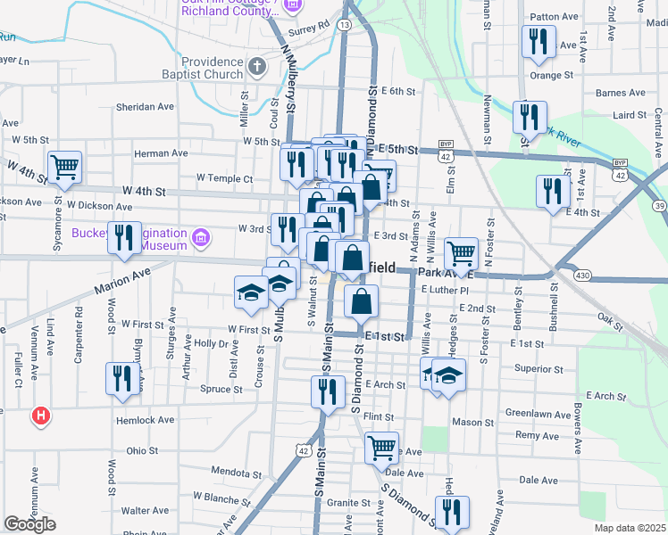 map of restaurants, bars, coffee shops, grocery stores, and more near 2 South Main Street in Mansfield