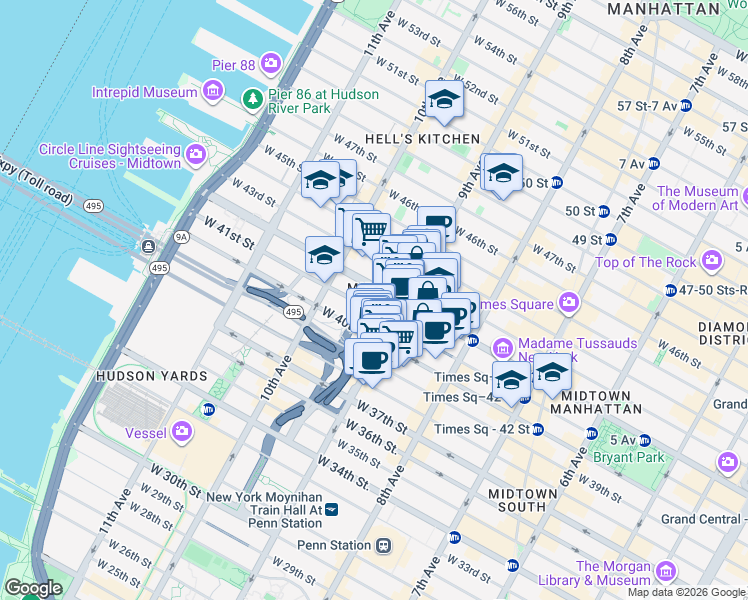 map of restaurants, bars, coffee shops, grocery stores, and more near in New York
