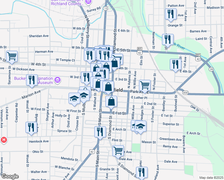 map of restaurants, bars, coffee shops, grocery stores, and more near in Mansfield
