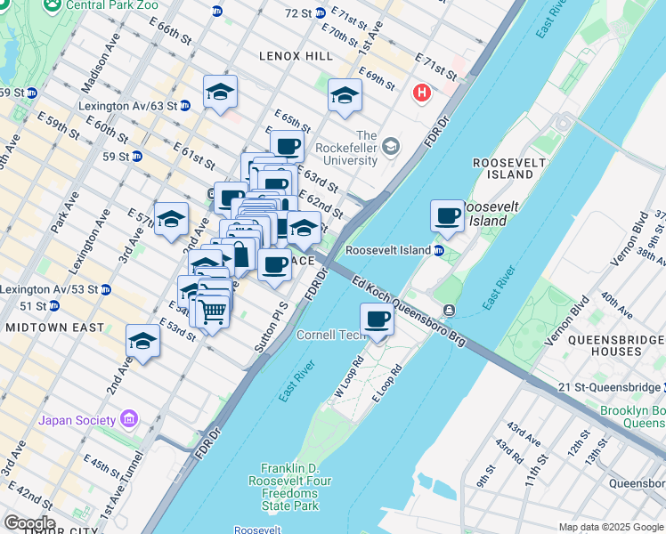 map of restaurants, bars, coffee shops, grocery stores, and more near Ed Koch Queensboro Bridge in New York