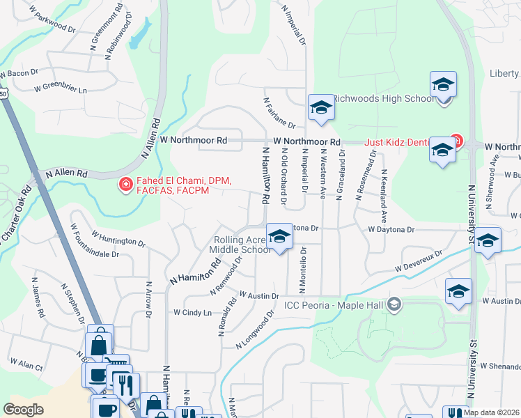 map of restaurants, bars, coffee shops, grocery stores, and more near 5821 North Hamilton Road in Peoria