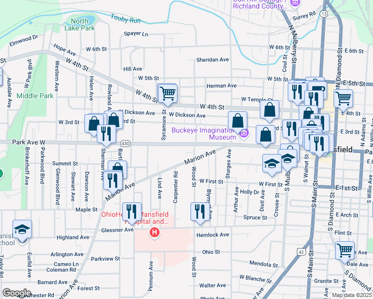 map of restaurants, bars, coffee shops, grocery stores, and more near 309 Park Avenue West in Mansfield