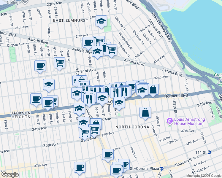 map of restaurants, bars, coffee shops, grocery stores, and more near 32-33 98th Street in Queens